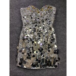 Tony Bowls Sequin Fringe Dress Womens 6 Silver Rhinestone Sweetheart Strapless